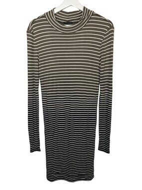 ATM Anthony Thomas Melillo Small Midi Dress Black Brown Cream Stripe Long Sleeve